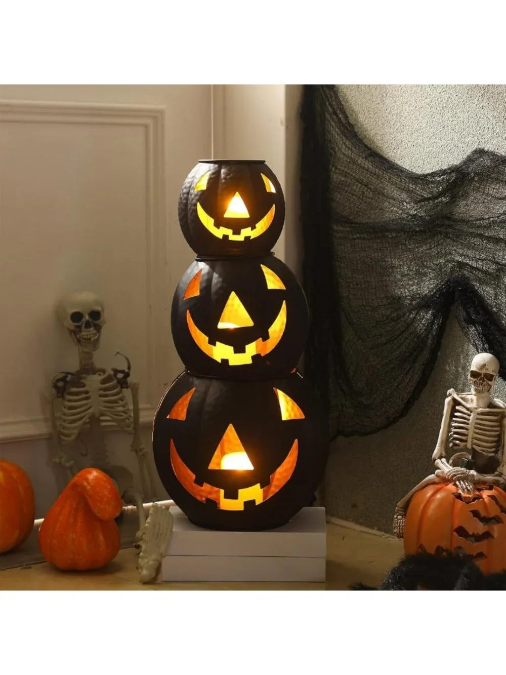 Set of 3 Halloween Jack O' Lanterns with LED Candles & Creepy Cloth Decor
